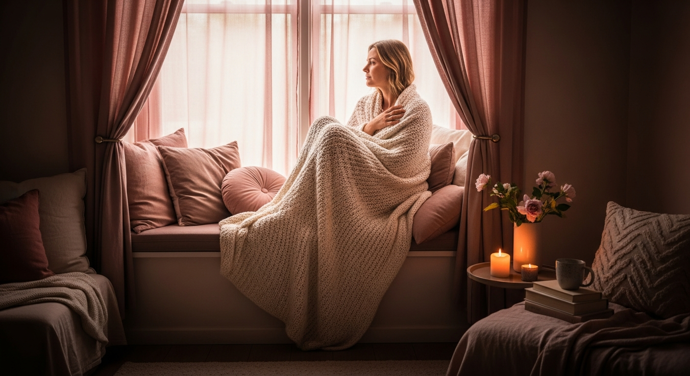 Woman wrapped in a blanket on a window seat — breakup anxiety and panic