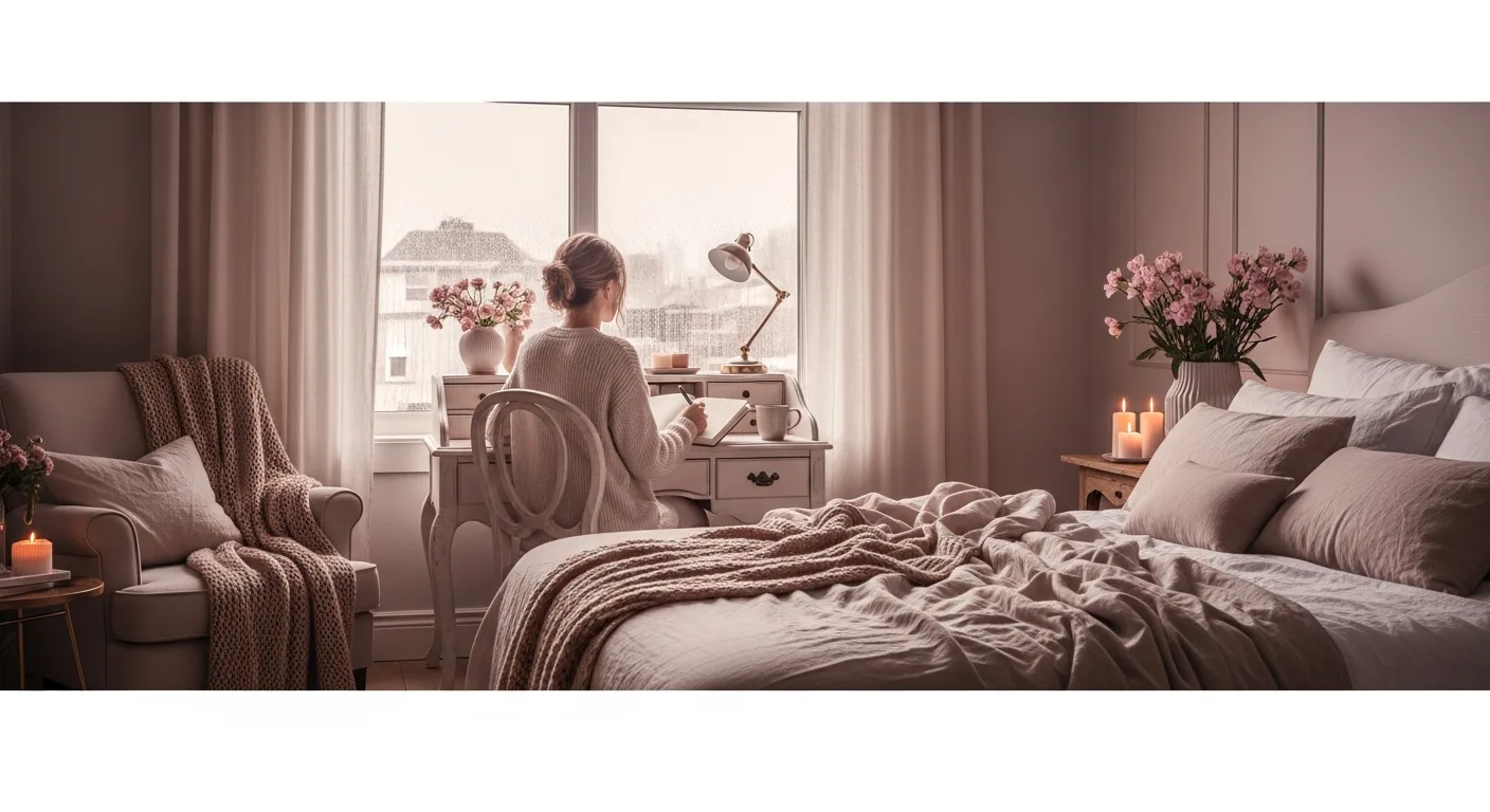 Woman sitting at a writing desk gazing out a window, closure after a breakup