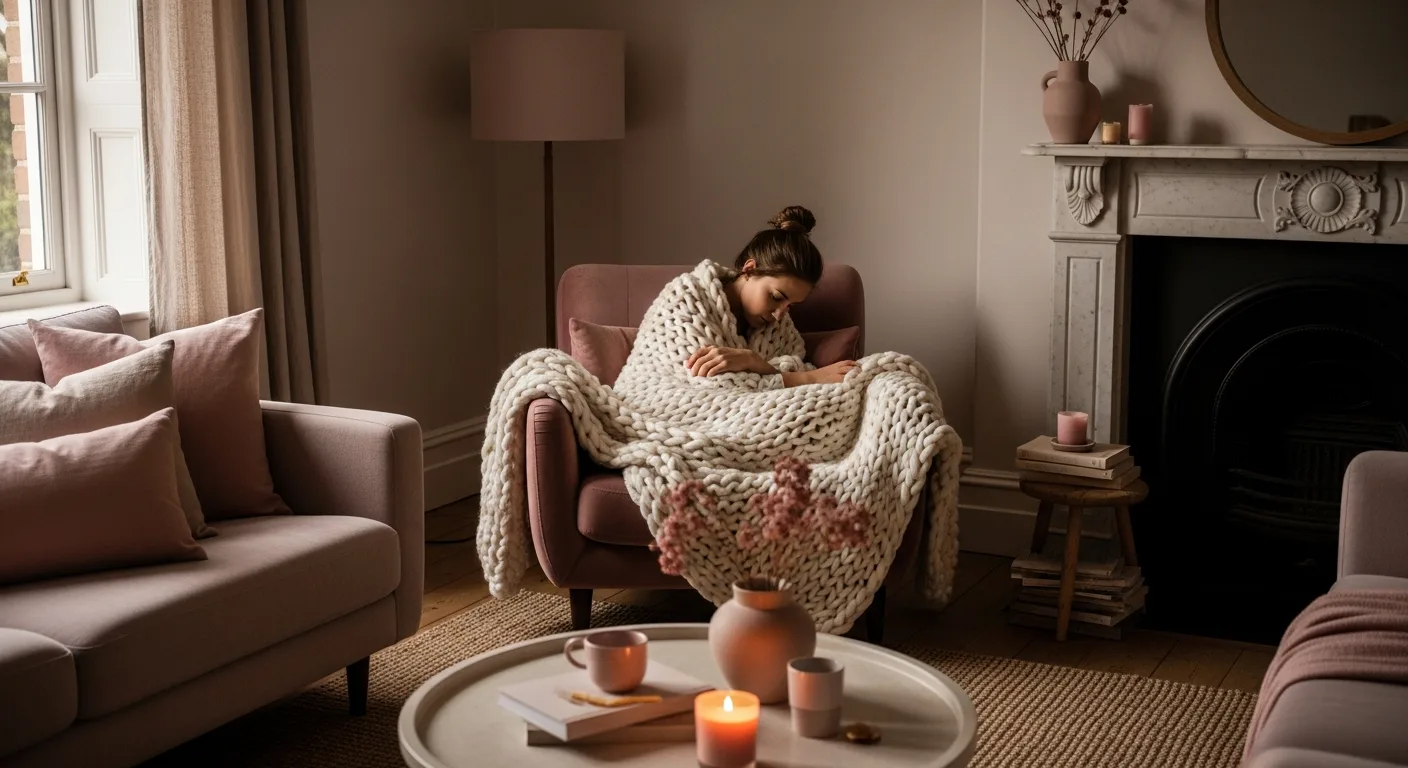 Woman curled up in an armchair wrapped in a blanket, heartbreak changing personality
